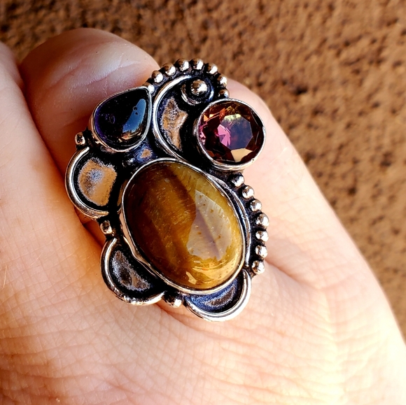 New Tiger Eye, Amethyst and Ametrine 925 Silver Ring. - Picture 4 of 12